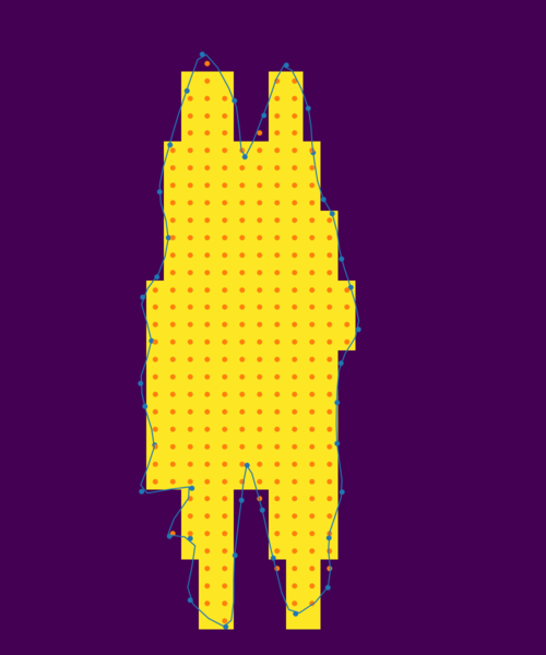 Converged closed spline outlining a synthetic object mask